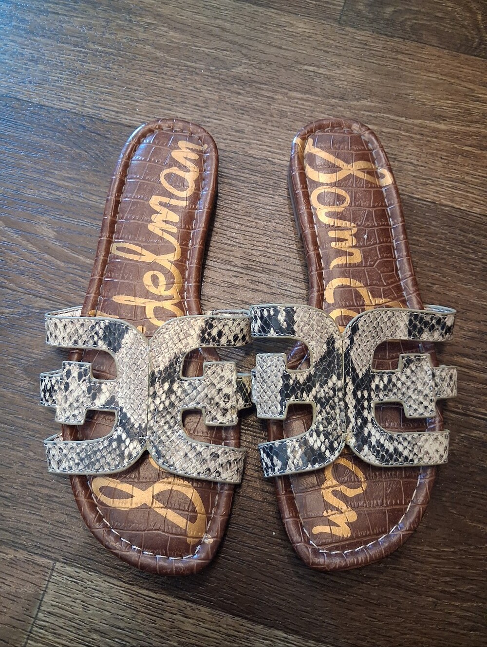 Sam Edelman Women's Brown Snake-Print Slide Sandals Sz 7.5